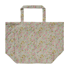 Quiltet taske - st�vbl� m. rosa og gr�nne blomster
