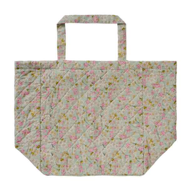 Quiltet taske - st�vbl� m. rosa og gr�nne blomster