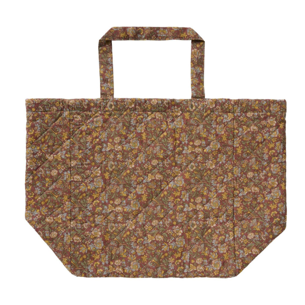 Quiltet taske - brun m. gule/gr�nne blomster