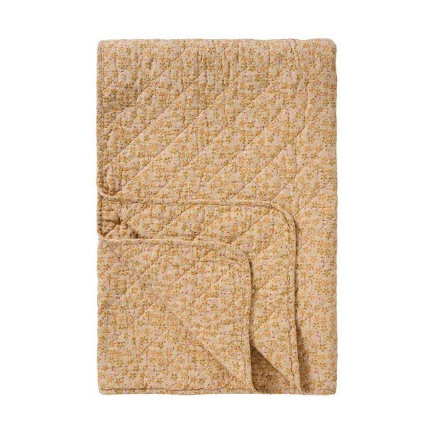 Quilt t�ppe - beige m/gule, gr�nne og hindb�rfarvede blomster