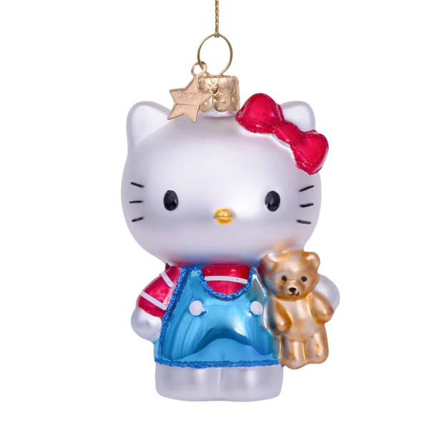 Hello Kitty glaskugle med bl� sm�kkjole og en bamse