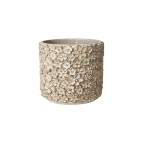 Potteskjuler i cement med sm� blomster p�