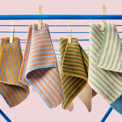 Strikket karklud - bl�/sennepsgul