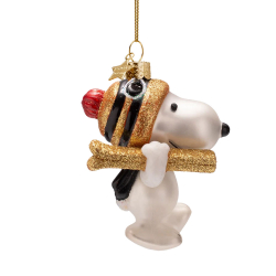 Snoopy julekugle med guldglimmer ski over skulderen