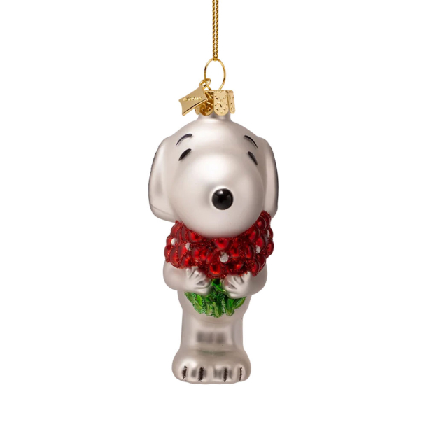 Snoopy julekugle med en stor buket r�de blomster armene