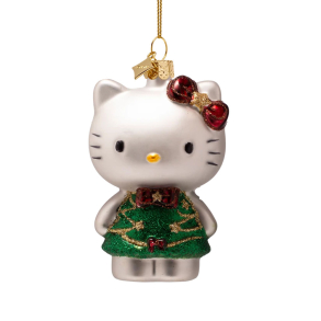 Hello Kitty glaskugle med gr�n glimmer kjole, der ligner et tr� med pynt