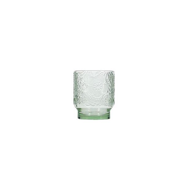 Vandglas i lysegr�nt glas med blomstret relief m�nster