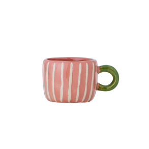 Lille kop til espresso, pink med hvide striber og gr�n hank