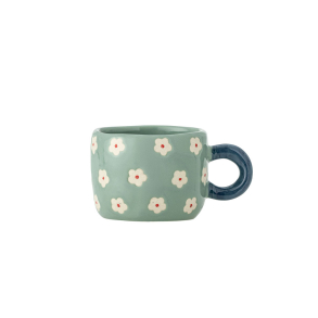 Lille kop til espresso, i bl�gr�n nuance med hvide blomster og bl� hank