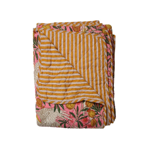 Quilt t�ppe stribet - pink fugl/gule striber