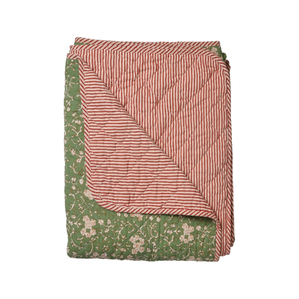 Quilt - Gr�nne blomster m. stribet bagside