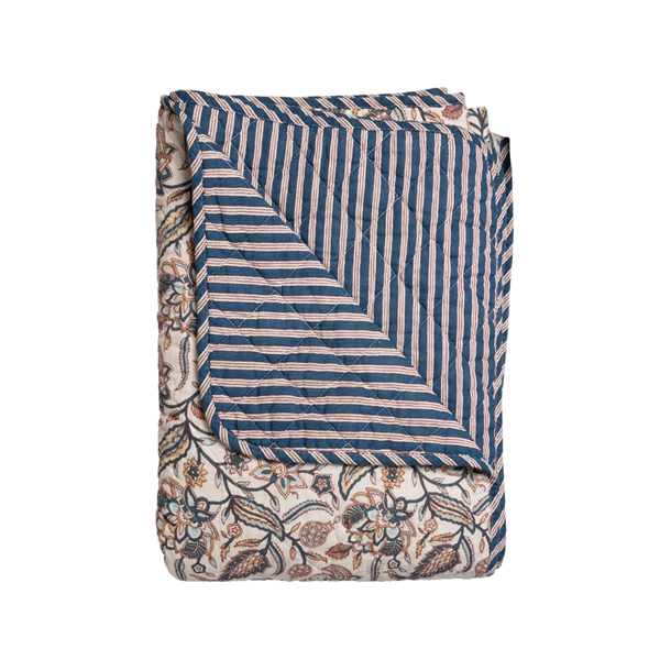Quilt t�ppe - Cremehvid m. bl� blomster og striber