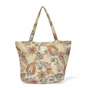 Cremefarvet stort net med jaquardv�vede blomster i mange farver. Lange stropper, og lynl�s.