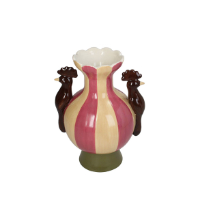 Stribet vase i gammelrosa og beige, med gr�n fod og to m�rkebrune fugle p� siden