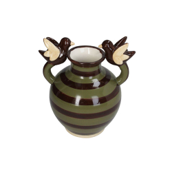 Rund vase med striber i gr�n og m�rkebrun. To hanke med en fugl p� hver.