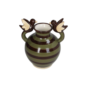 Rund vase med striber i gr�n og m�rkebrun. To hanke med en fugl p� hver.