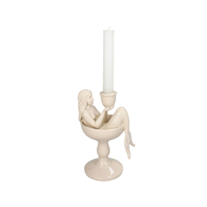 Cremefarvet lysestage i polyresin. havfrue i sk�l, cremehvid