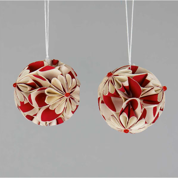 Hndlavet papirpynt - ''Flower Ball'' - rd - 2 stk. 