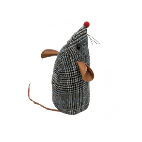D�rstopper formet som en mus i sm�ternet stof i sort, hvid og bl�, �re i brunt l�derlook