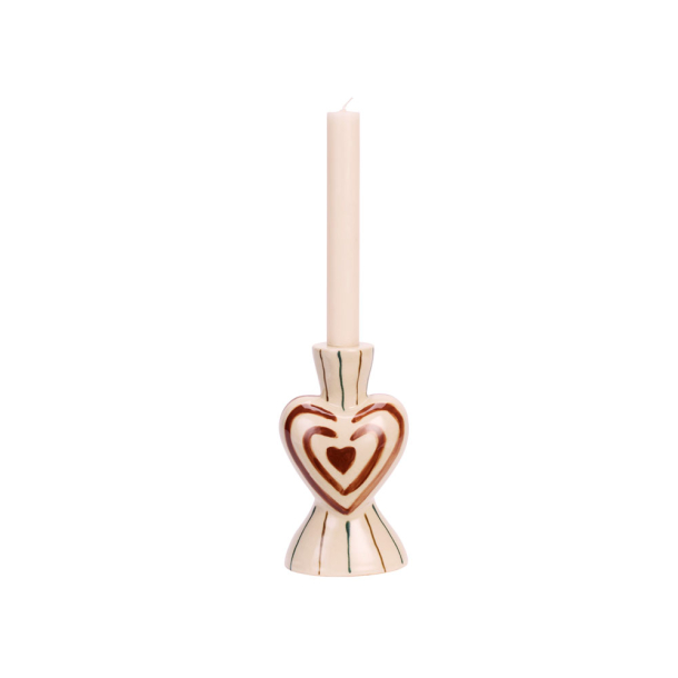 Keramikstage formet som et hjerte, creme med malet m�nster
