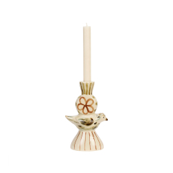 Fuglefigur med h�ndmalet m�nster i br�ndte farver. Med lysestage p� toppen