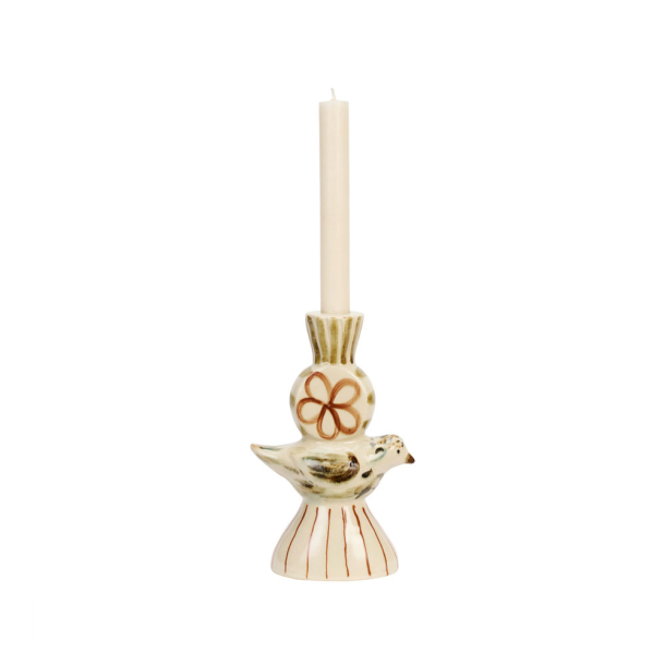 Fuglefigur med h�ndmalet m�nster i br�ndte farver. Med lysestage p� toppen