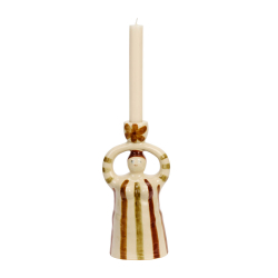 Kvindefigur med h�ndmalede striber i br�ndte farver. Med lysestage over hovedet