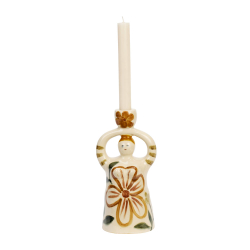 Kvindefigur med h�ndmalede blomster i br�ndte farver. Med lysestage over hovedet