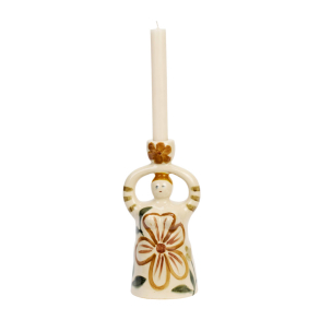 Kvindefigur med h�ndmalede blomster i br�ndte farver. Med lysestage over hovedet