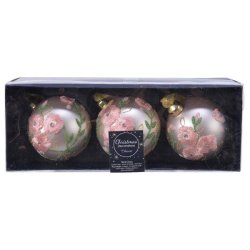 Glaskugle med broderet blomster pink  - st af 3