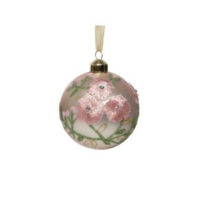 Glaskugle med broderet blomster pink  - st af 3